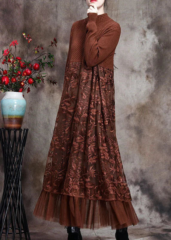 Coffee O-Neck Embroideried Patchwork Fall Long Knit Dress