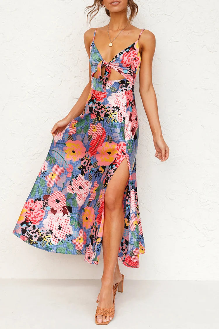 Elegant Floral Slit V Neck Sling Dress