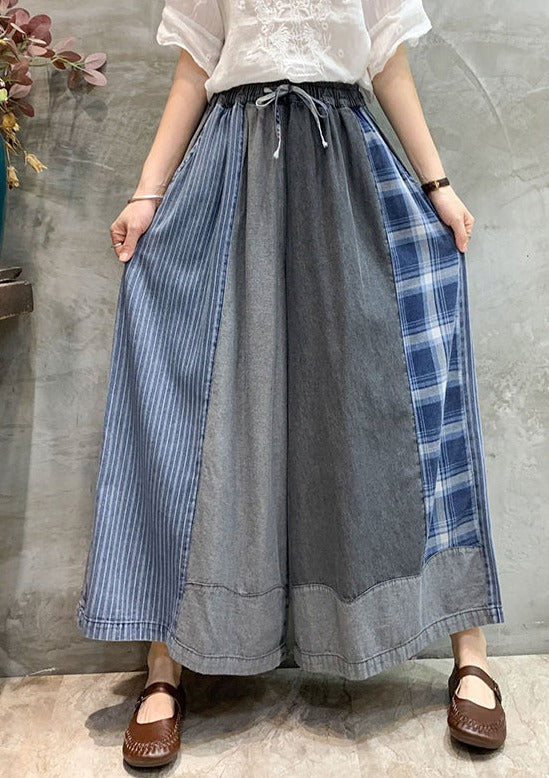 Casual Plaid Split-Joint Drawstring Elasticity Ninth Denim Pants