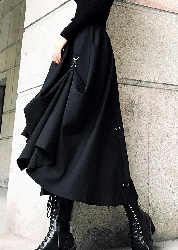 Loose Black Cinched Cozy Asymmetrical Design Cotton Skirt