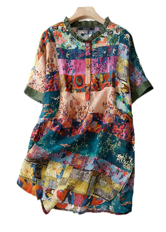 Women Print Button Side Open Linen Shirts Short Sleeve