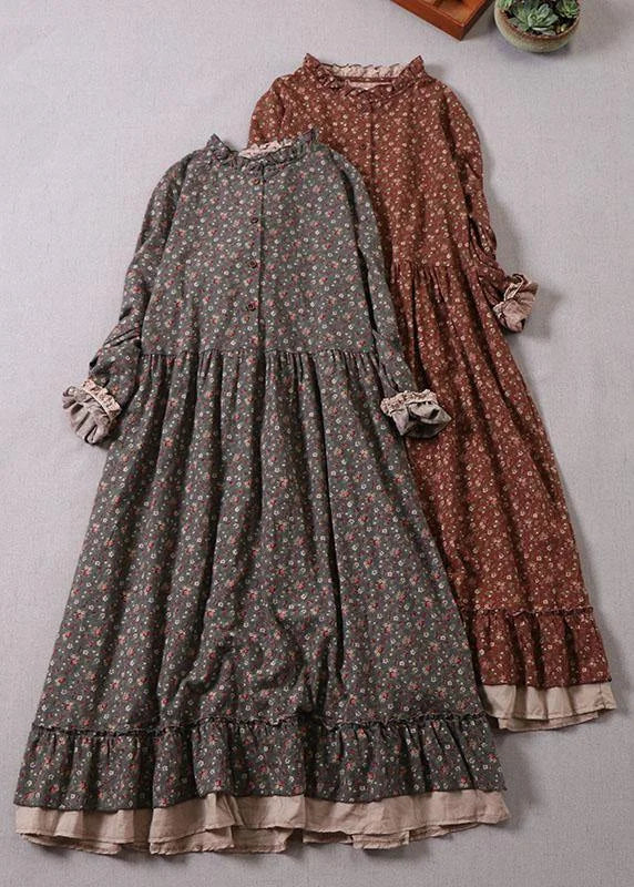 Boho Grey Ruffles Ruffled Patchwork Fall Print Long Dresses Long sleeve