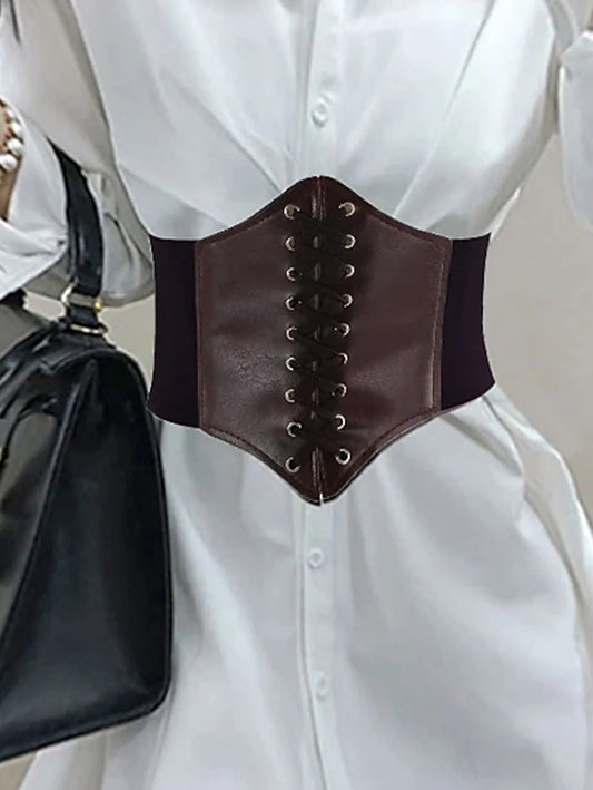 Vintage Solid Lace-Up PU Leather Adjustable Waist Cincher Corset