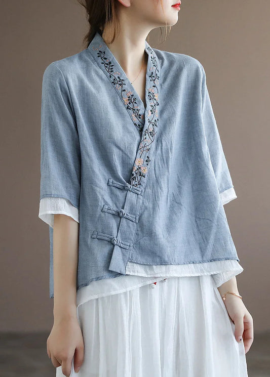 Chinese Style Lake Blue V Neck Double-deck Cotton Top Half Sleeve