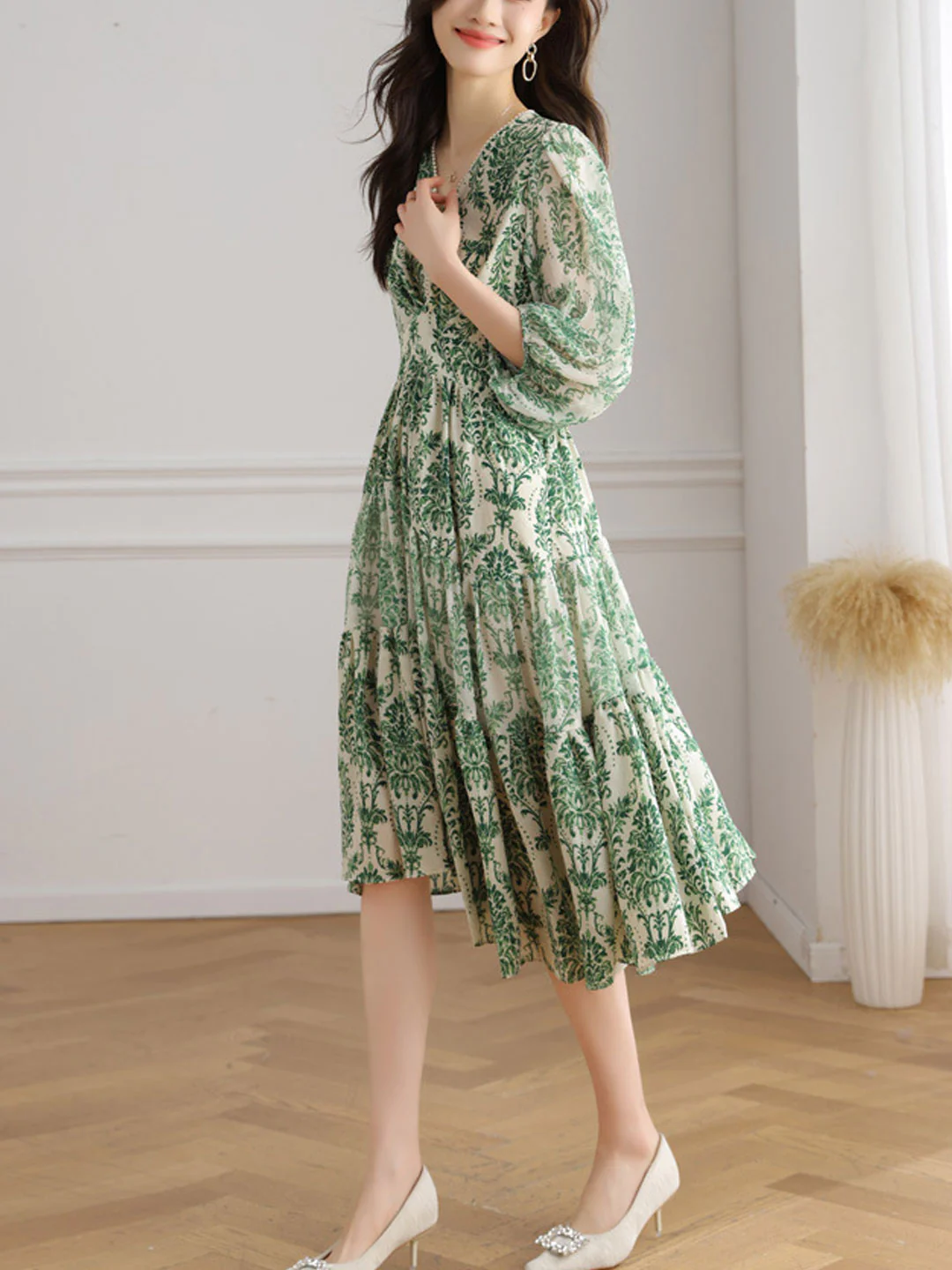 French V-Neck Lantern Sleeve Printed Long Dress