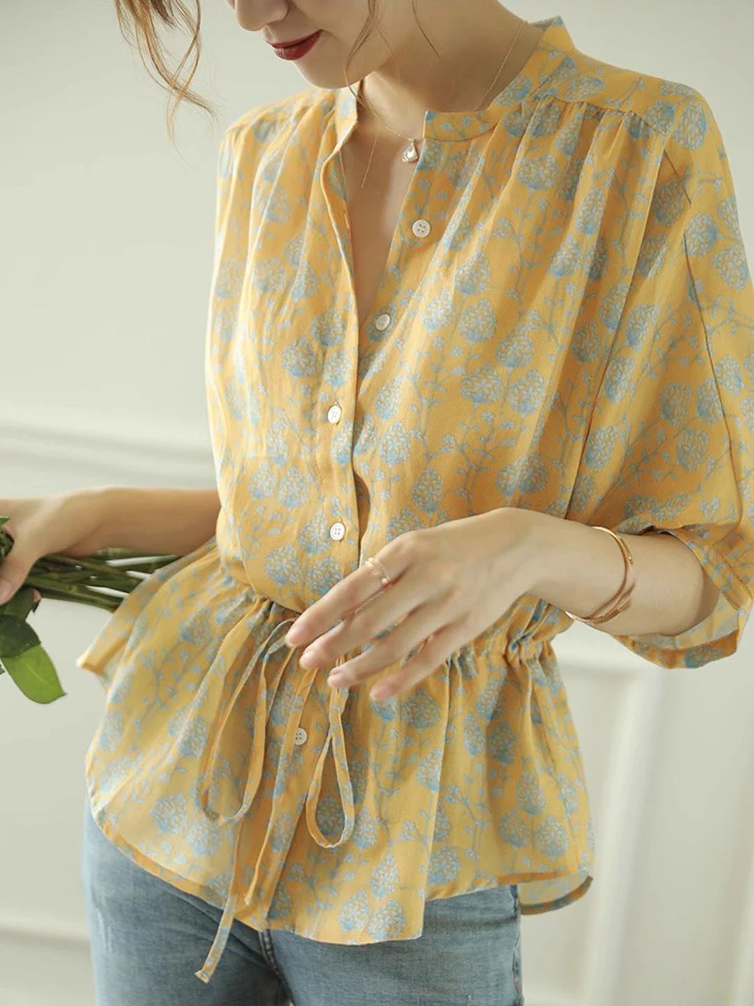 Elegant V-Neck Floral Print Cardigan Shirt Top