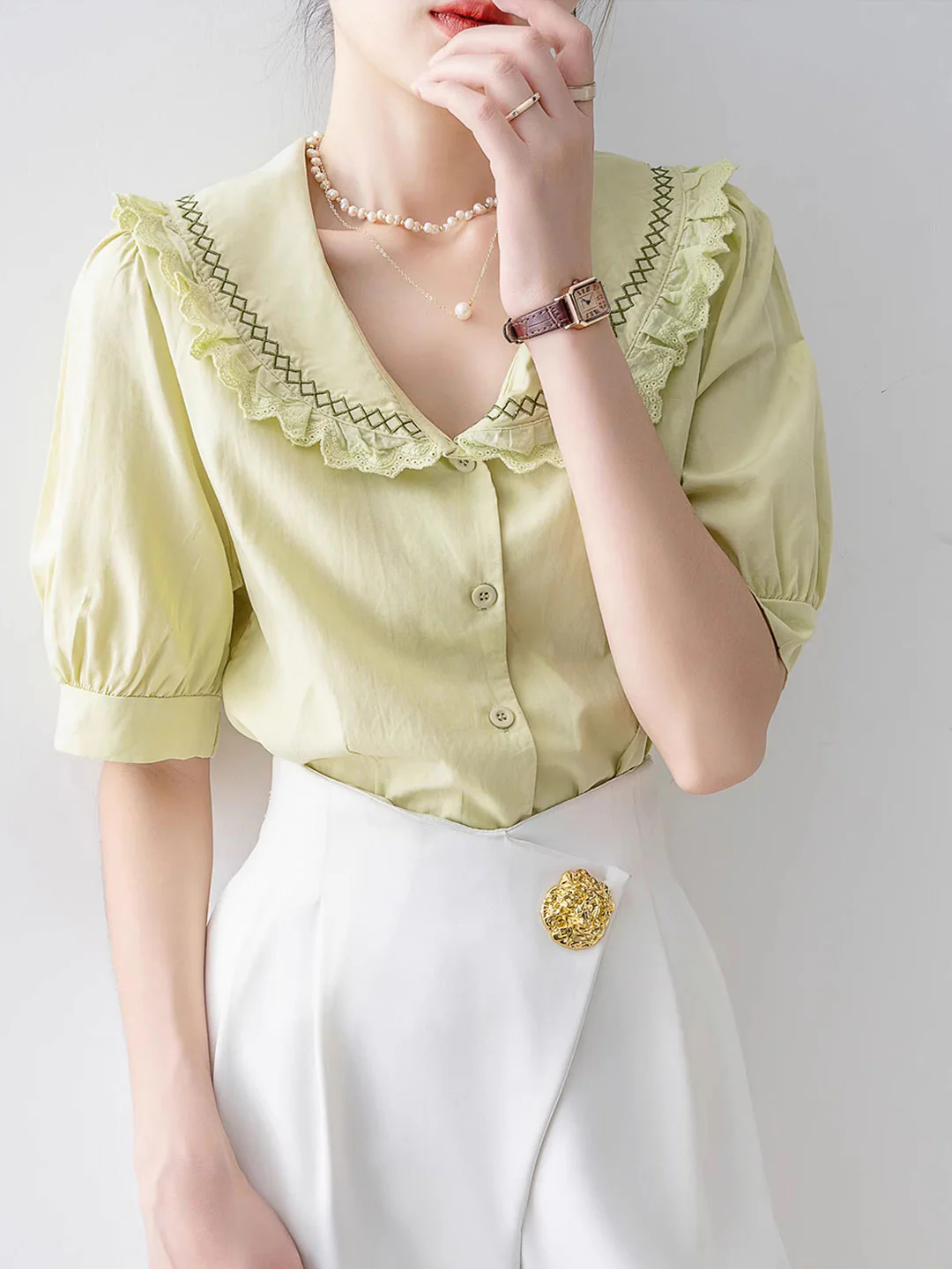 Vintage Lapel Neck Embroidered Lace Short Sleeve Blouse Top