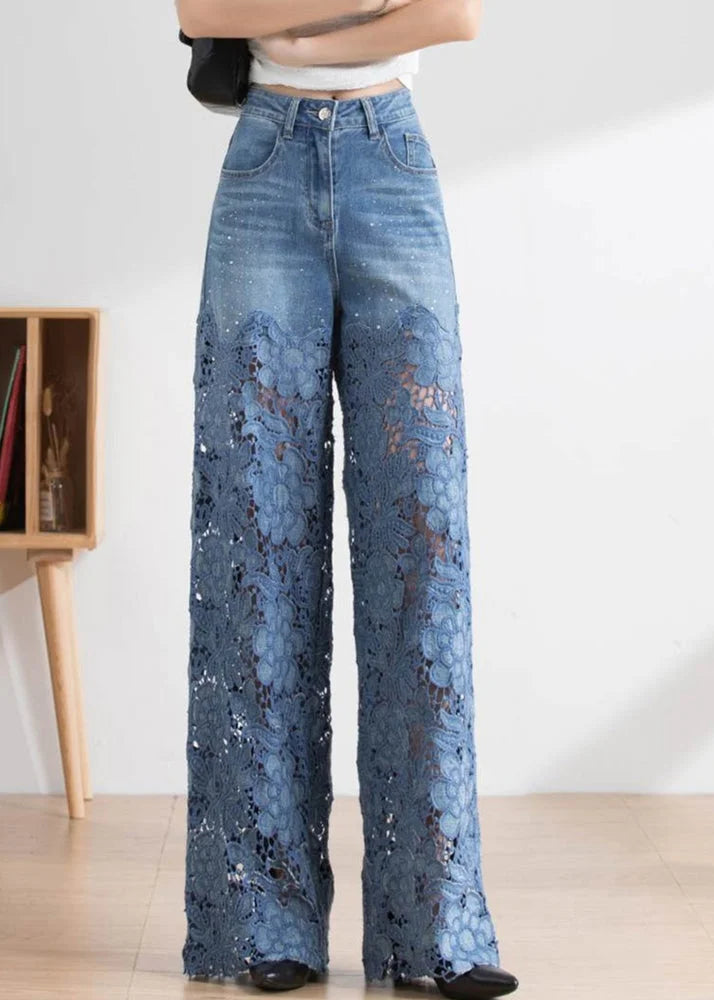 Vogue Blue Lace Patchwork Hollow Out High Waist Denim Pants