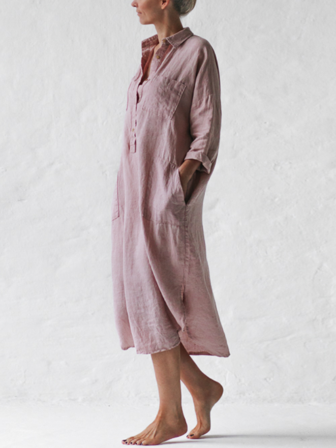 Cotton Linen A-Line Shirt Long Dress