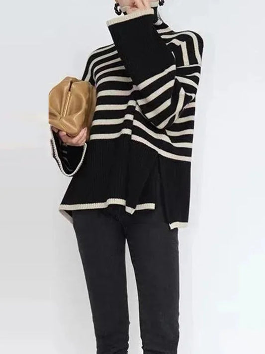 Modern Black Turtle Neck Striped Knit Sweater