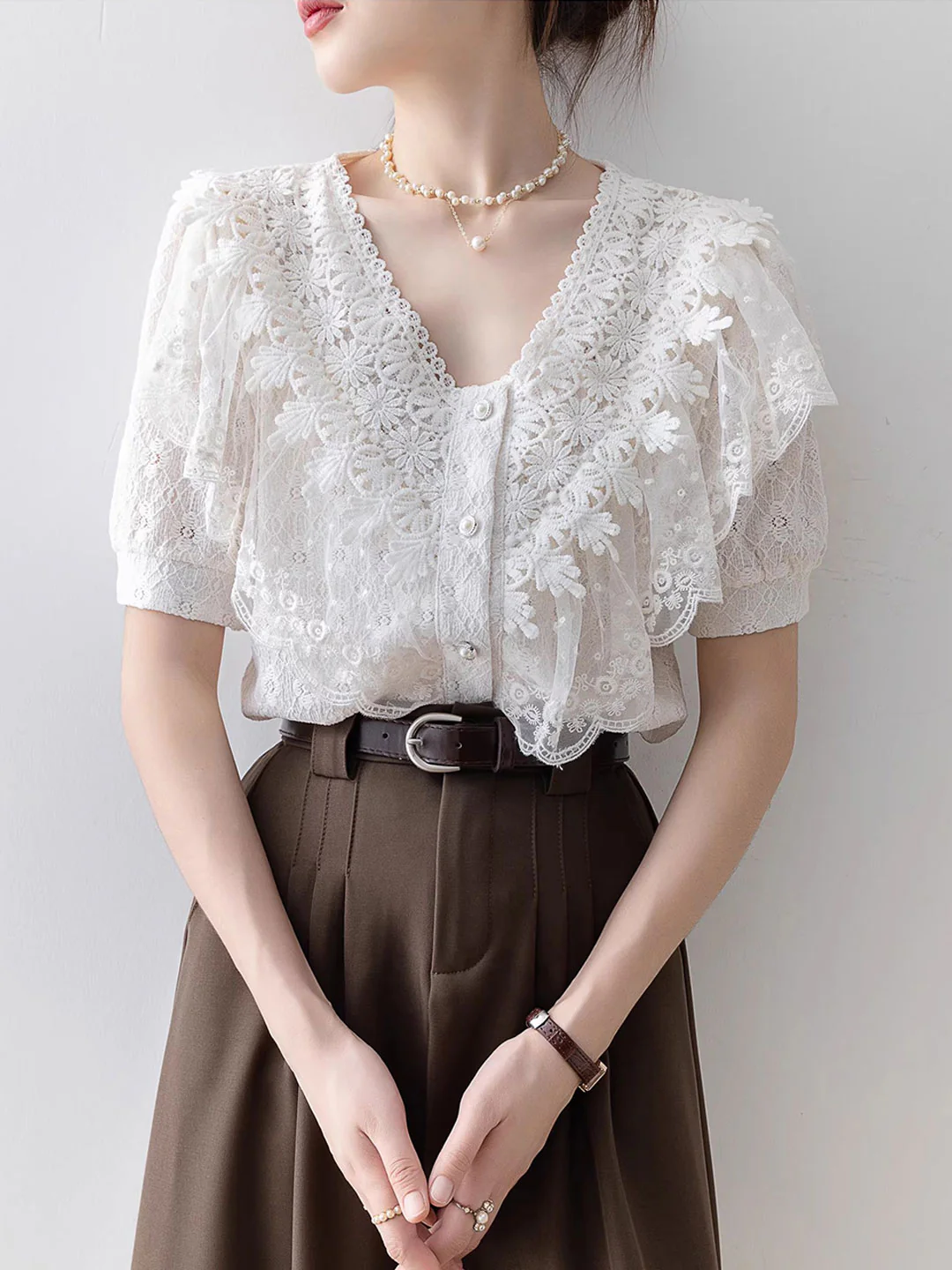 Elegant V-Neck Lace Patchwork Short Sleeve Blouse Top