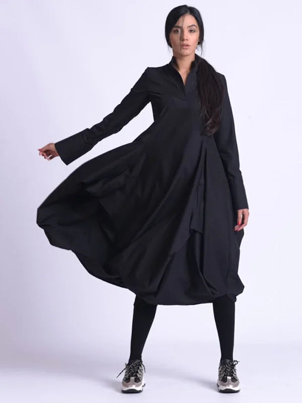 Original Loose Solid Color Pleated Stand Collar Long Sleeves Midi Dress