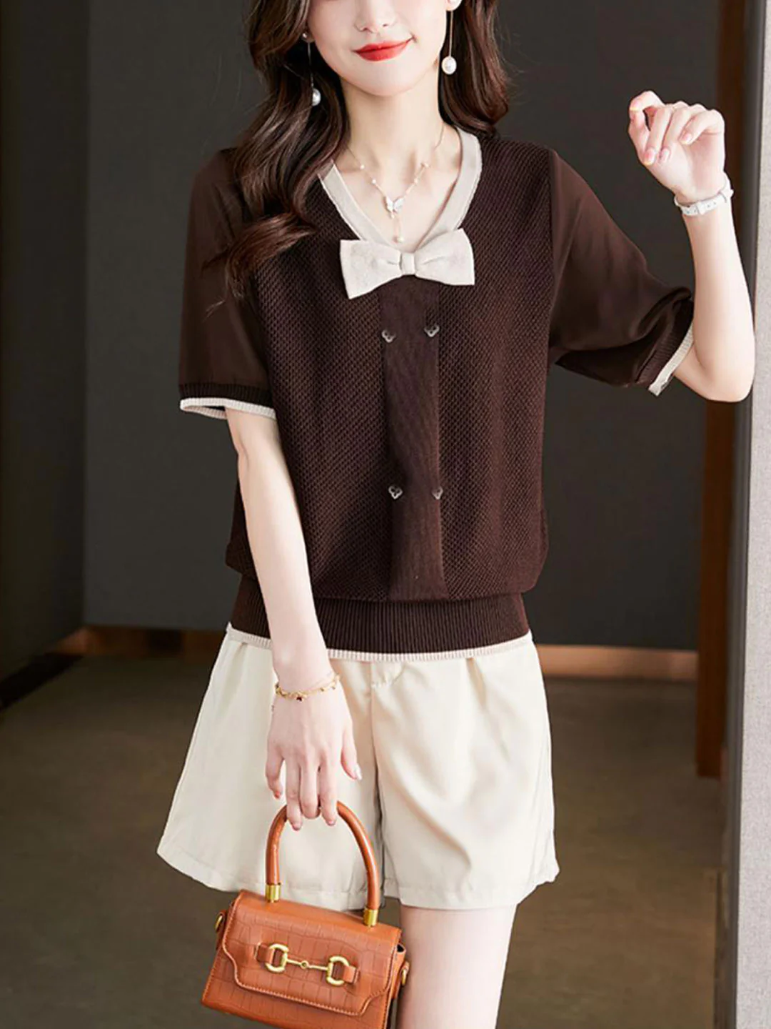 Elegant V-Neck Bow Knit Short Sleeve Blouse Top