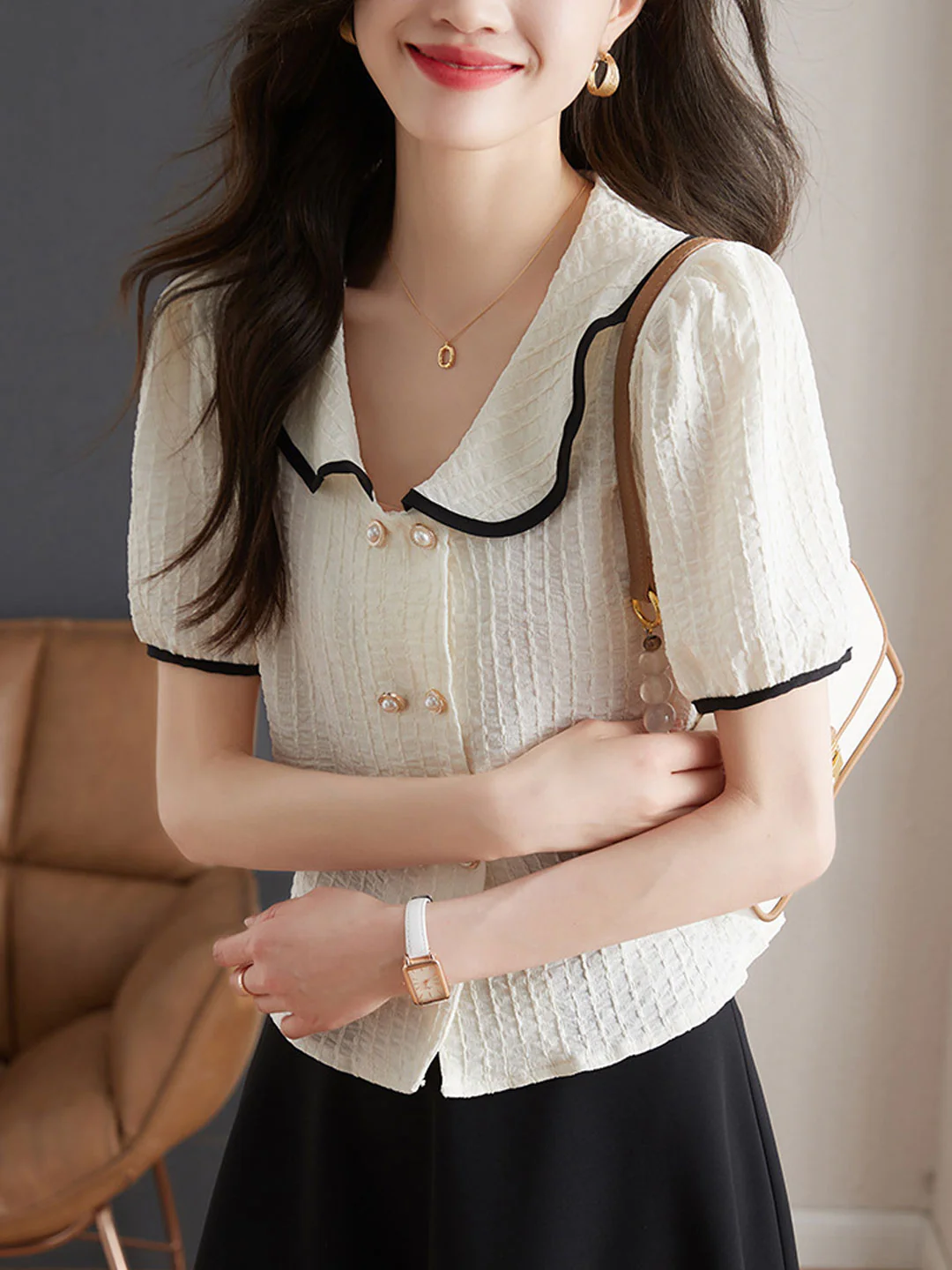 Elegant Bubble Short Sleeve Color Clash Shirt Top