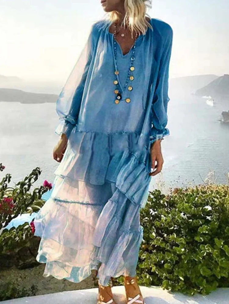 Bohemian Plain V Neck Spliced Sheer Mesh Ruffle Long Sleeve Maxi Dress