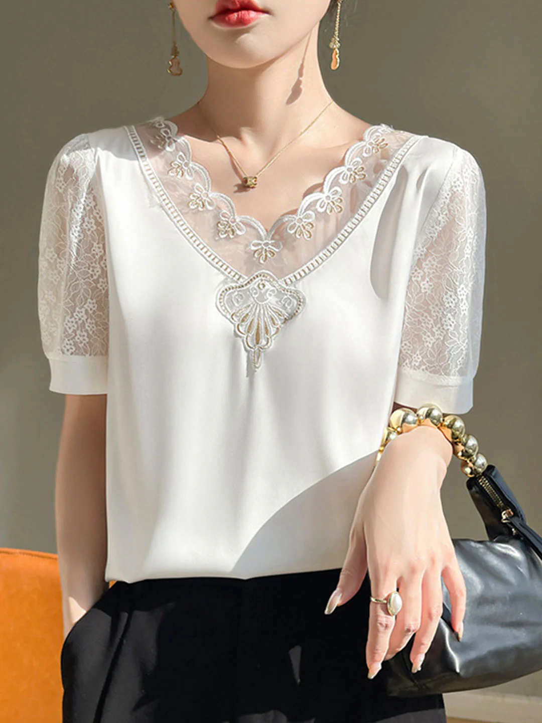 Elegant V-neck Cutout Lace Satin Short Sleeve Blouse Top