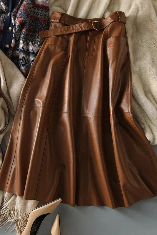 Vintage Brown High Waist A-Line Leather Skirt