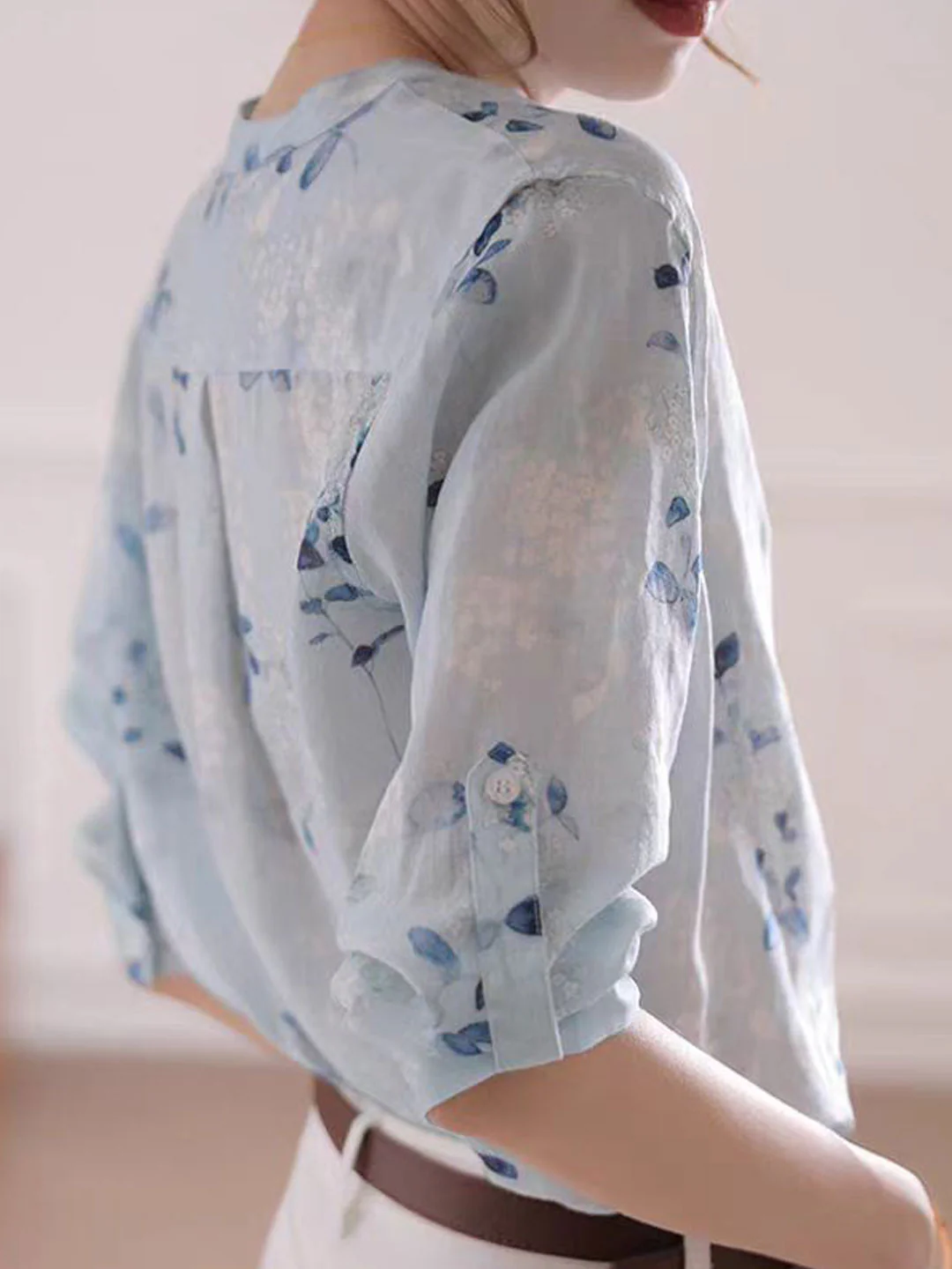 French V-Neck Printed Long Sleeve Blouse Top