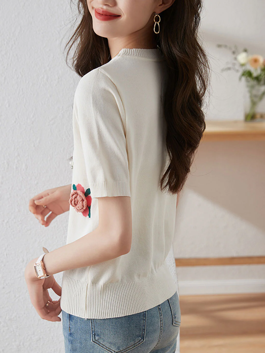 Elegant Round Neck Bubble Sleeve Floral Knit Short Sleeve Blouse Top