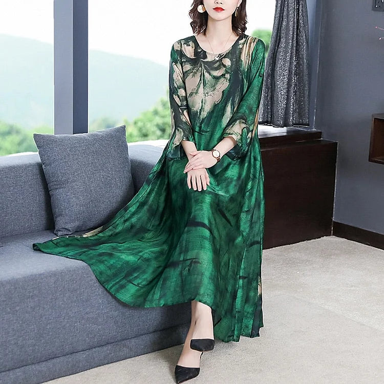 Loose Casual Green Print Beach Maxi Midi Dress