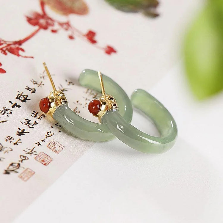 Women Retro Jade Inlaid Silver Earrings Studs