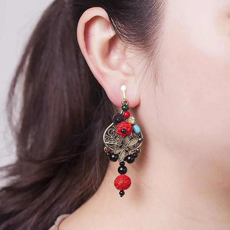 Red Flower Alloy Dragonfly Retro Earrings