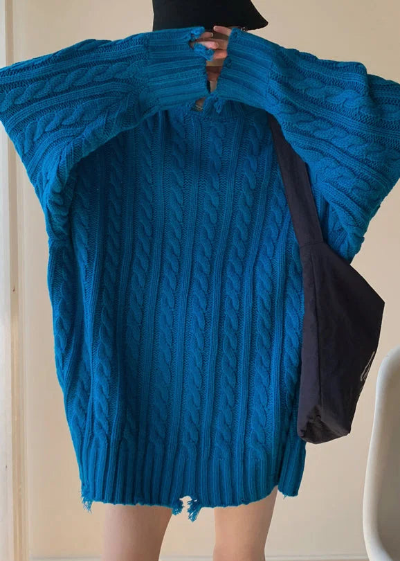 Loose Blue Hole Solid Cable Knit Sweaters Winter