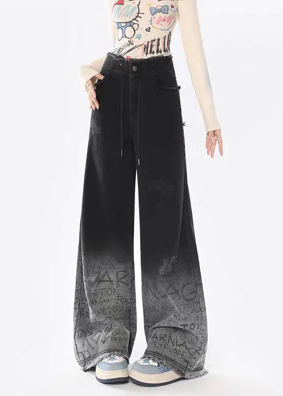 Italian Black Gradient Pockets Graffiti Denim Straight Pants Spring