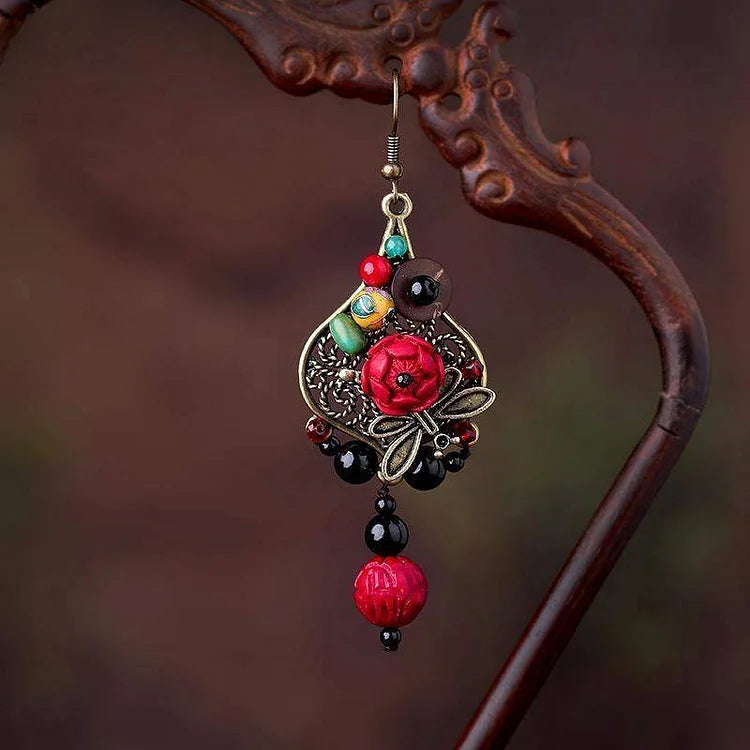 Red Flower Alloy Dragonfly Retro Earrings