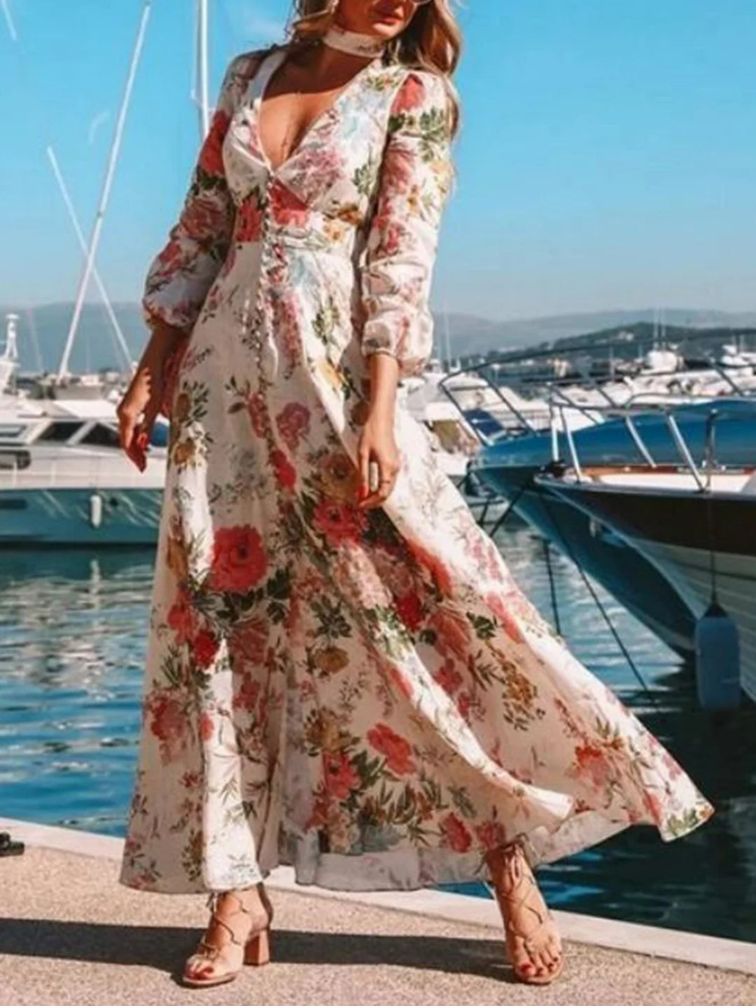 Casual V Neck Floral Button Maxi Dress Lantern Sleeve