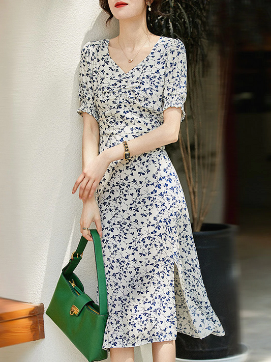 French V-Neck Printed Floral Short Sleeve Split Dress