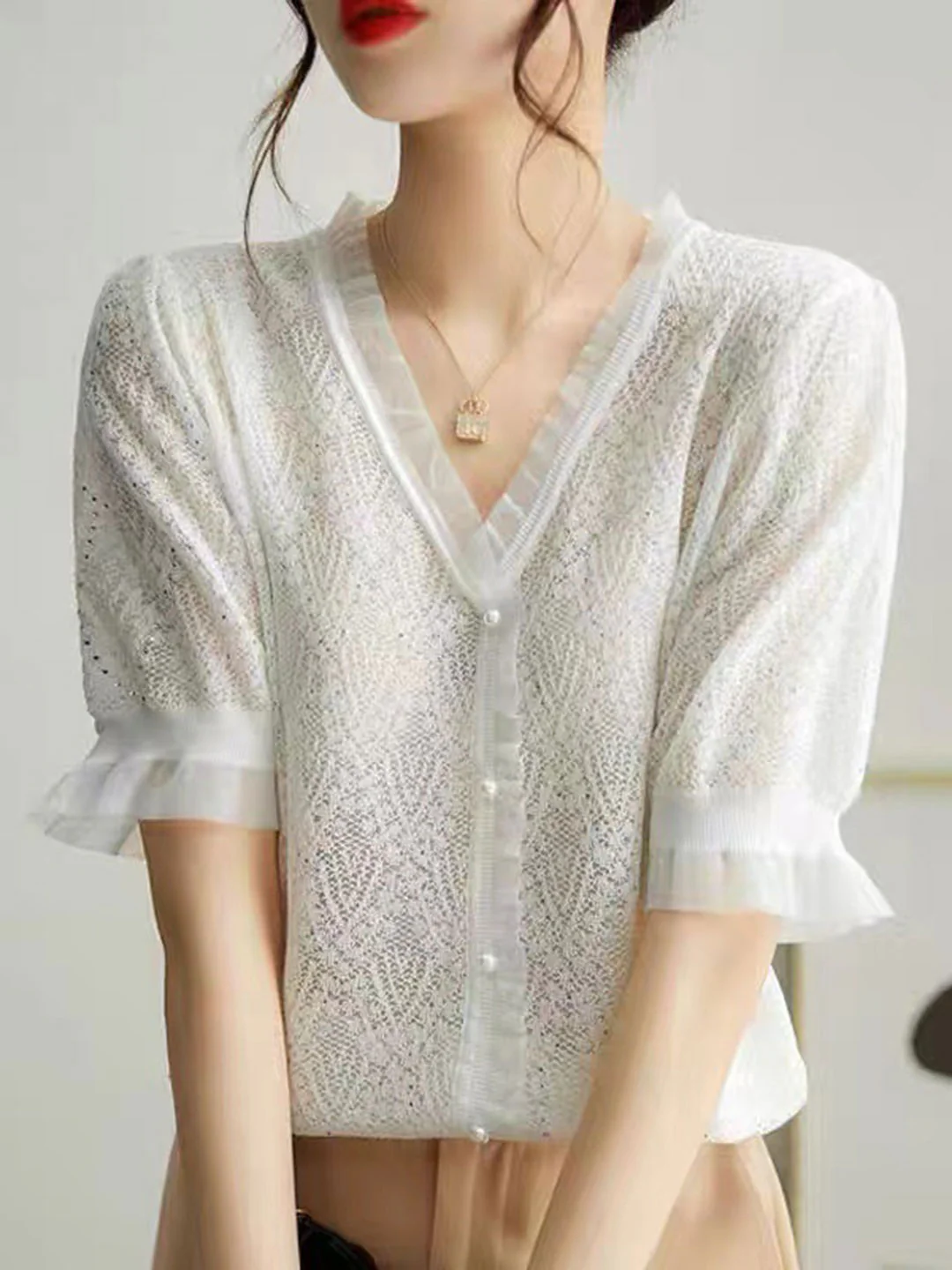 French V-Neck Knit Sweater Blouse Top