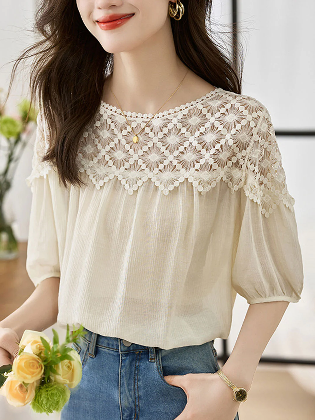 Elegant Lace Patchwork Cotton Interrupted Blouse Top