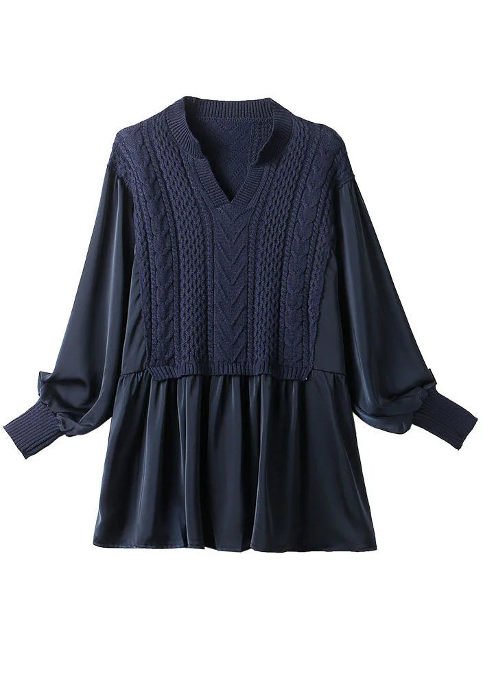 Navy Knit Blouses Puff Sleeve Top