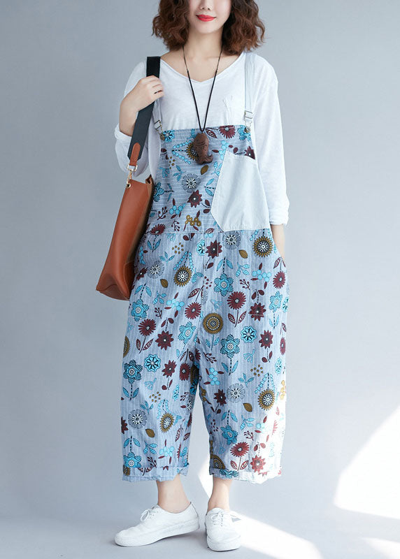 light Grey pockets Patchwork Casual Floral denim Jumpsuits