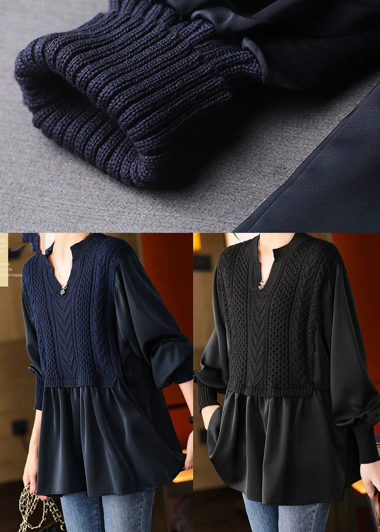 Navy Knit Blouses Puff Sleeve Top