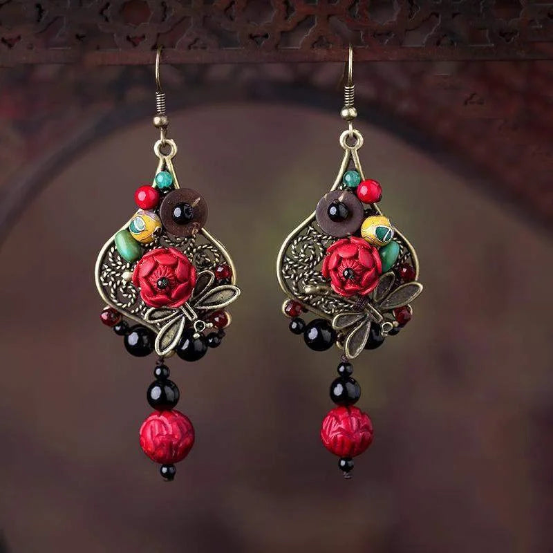 Red Flower Alloy Dragonfly Retro Earrings