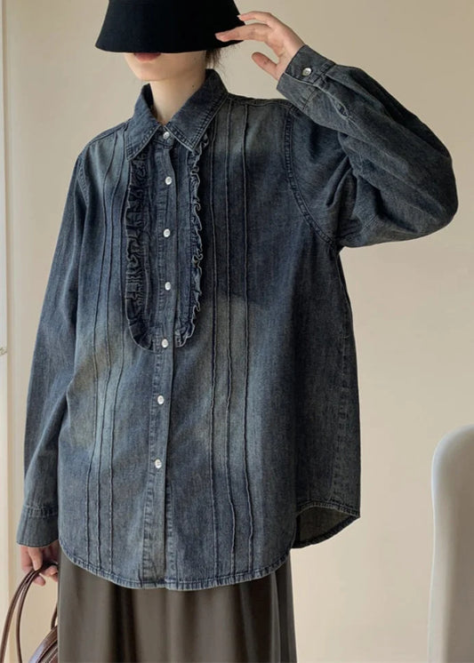 Vintage Blue Ruffled Button Denim Shirt Fall