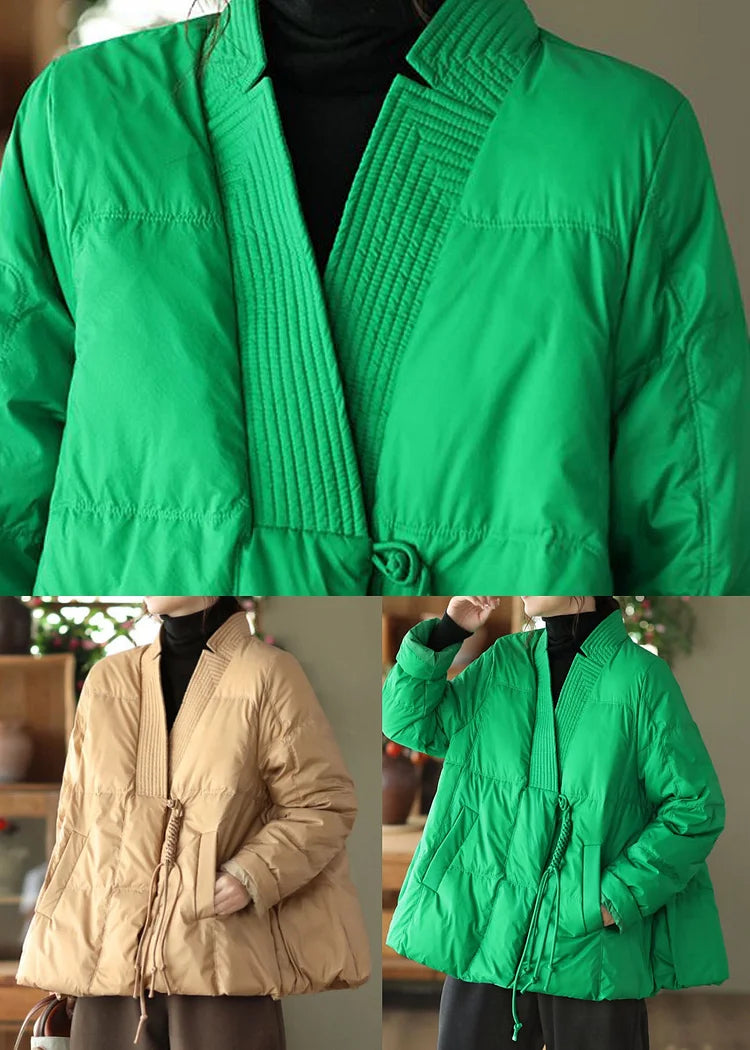 Style Green V Neck Oversized Oriental Button Duck Down Puffer Coat Winter