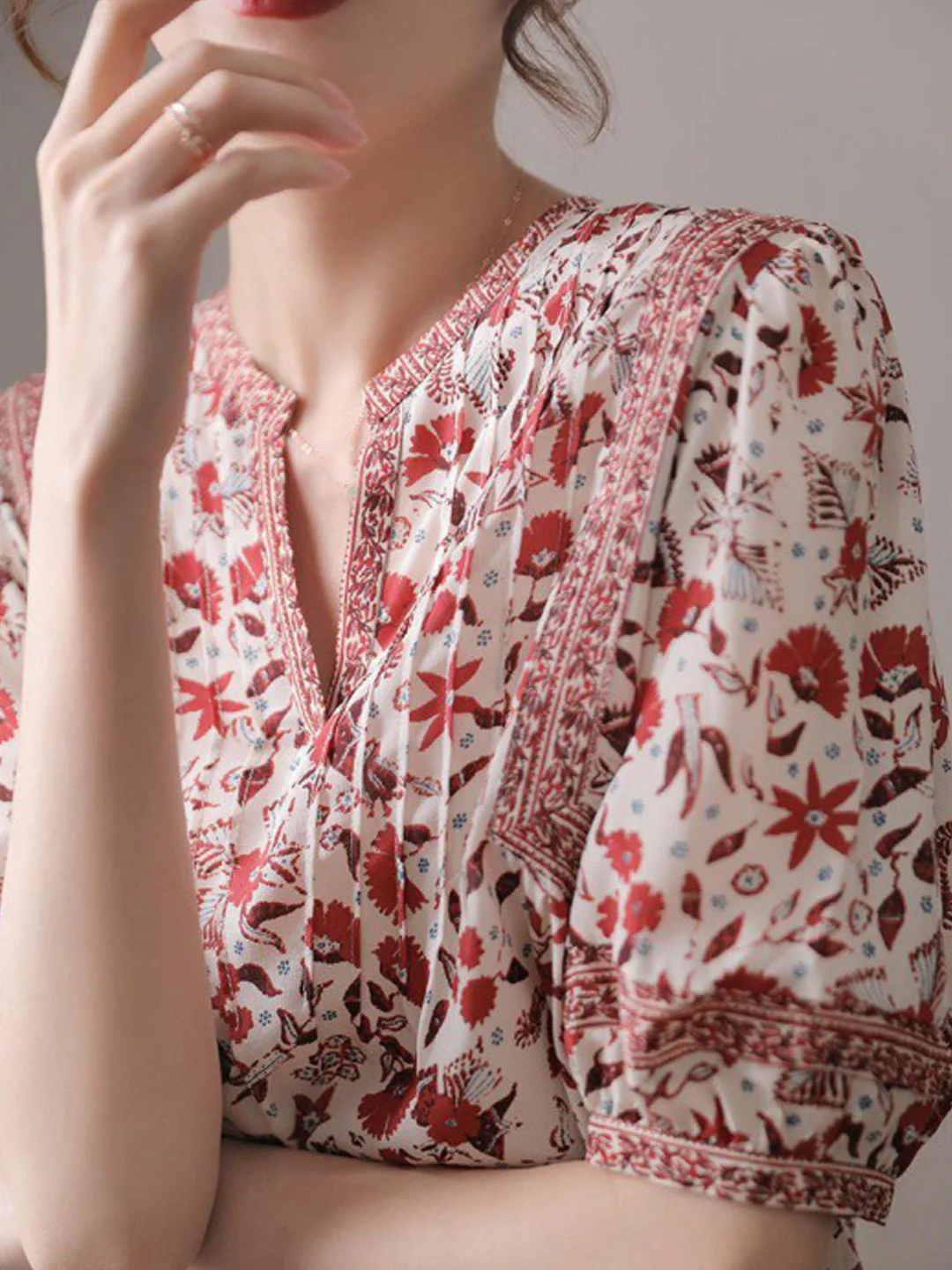 French Print Bubble Sleeve Blouse Top