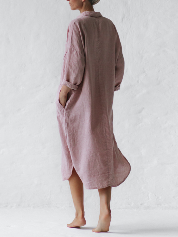 Cotton Linen A-Line Shirt Long Dress