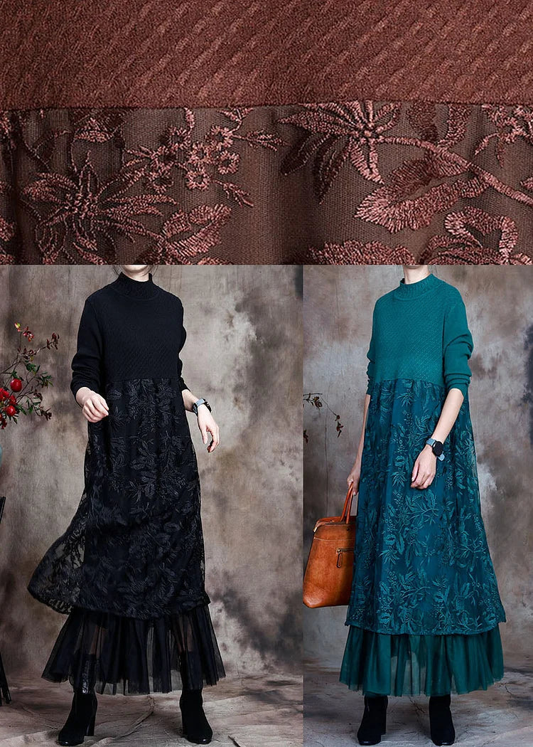 Coffee O-Neck Embroideried Patchwork Fall Long Knit Dress