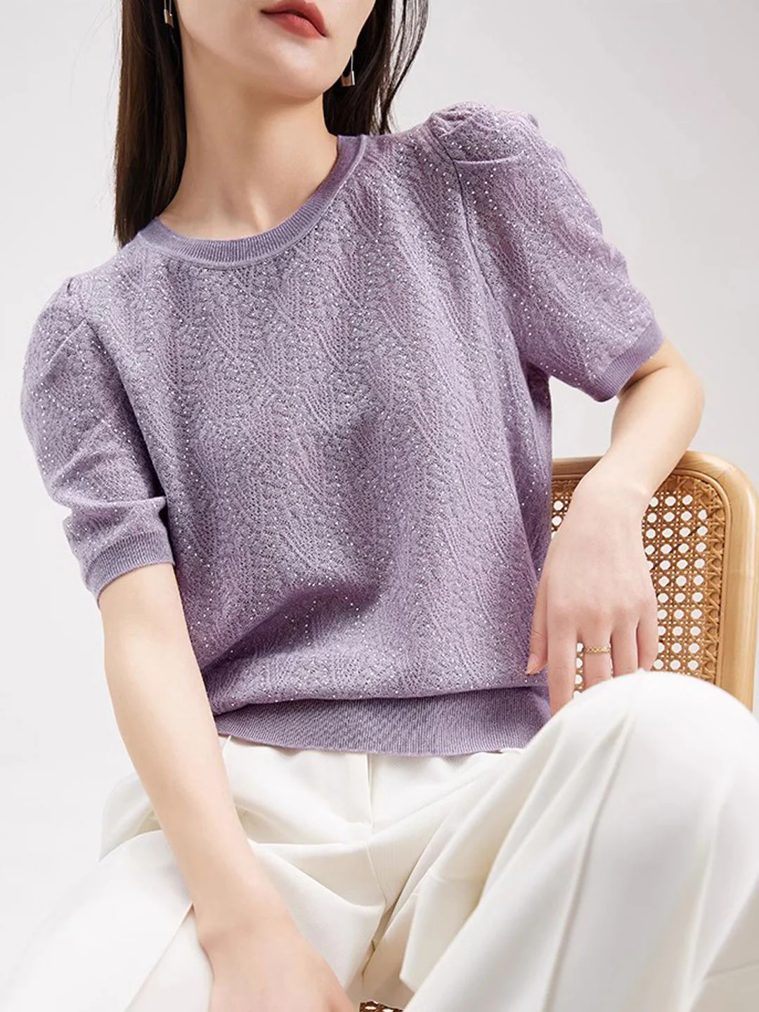 Elegant Round Neck Hollow Out Perm Knit Short Sleeve Shirt Top