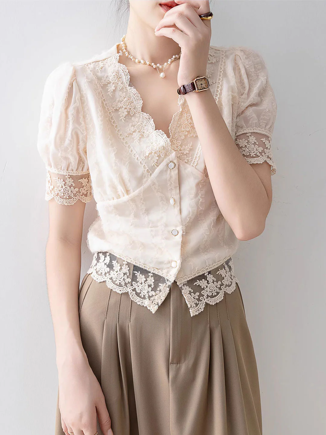 French Neck Flared Sleeve Hollow Out Lace Short Sleeve Blouse Top