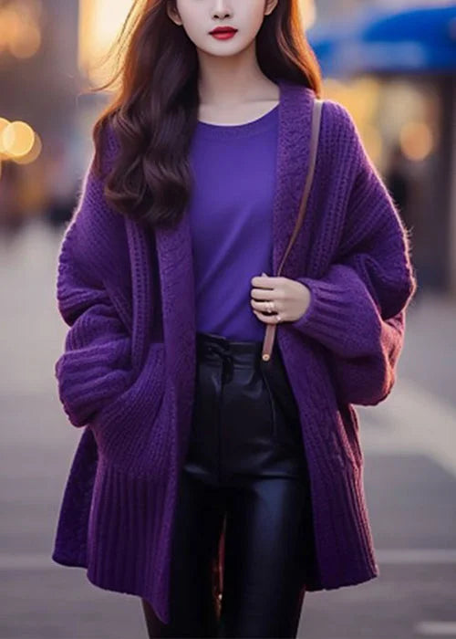 Women Purple V Neck Pockets Cotton Knit Cardigan Long Sleeve