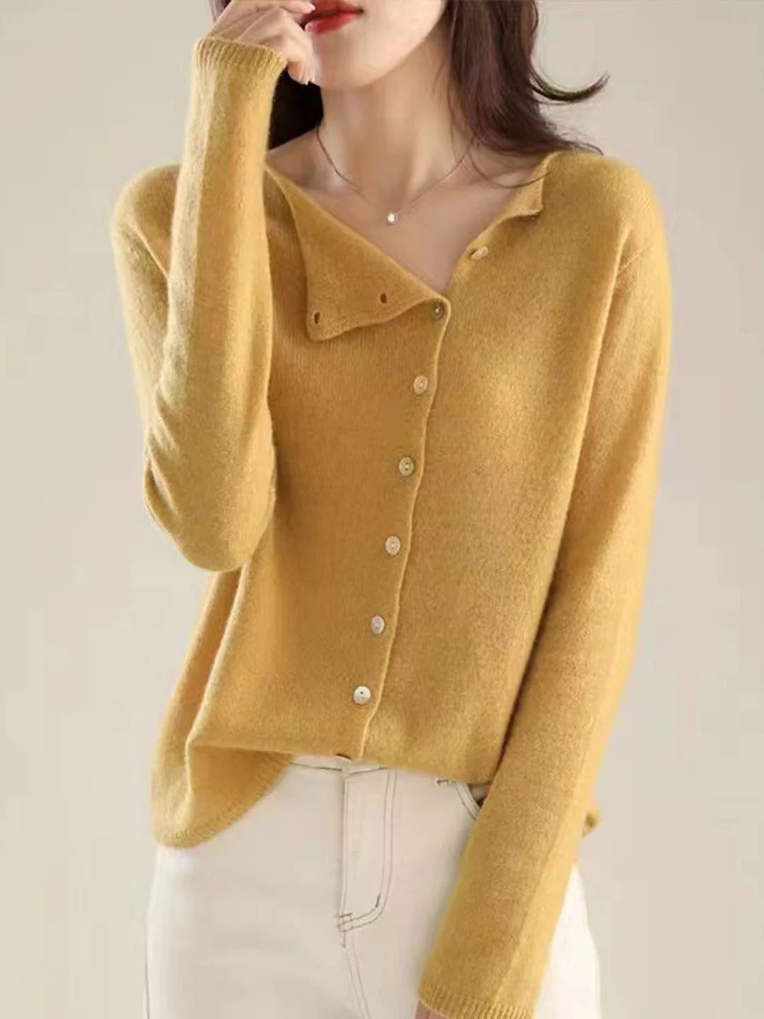 Elegant round neck knit long sleeve cardigan