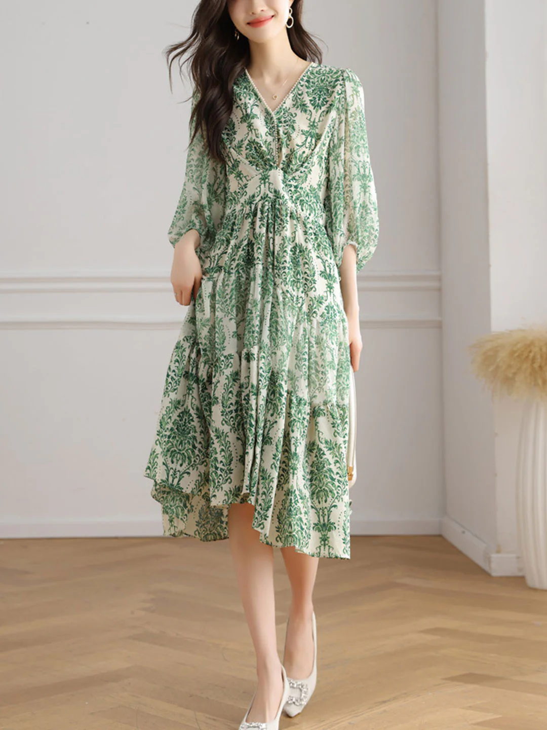 French V-Neck Lantern Sleeve Printed Long Dress