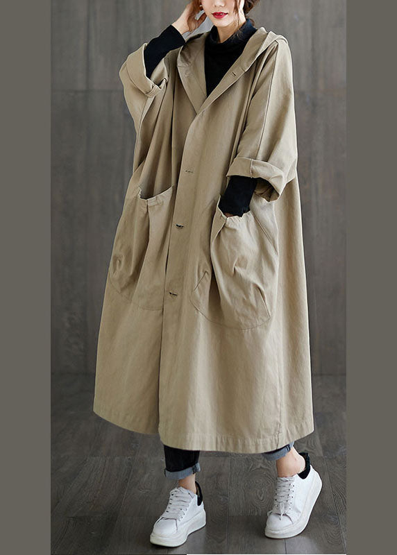 Khaki Hooded Pockets Cotton Loose Coat Spring