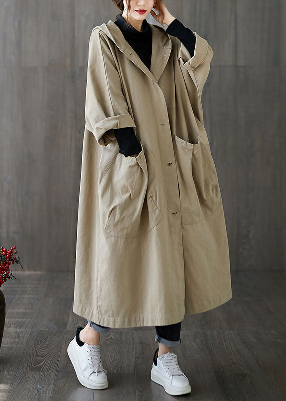 Khaki Hooded Pockets Cotton Loose Coat Spring