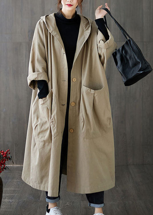 Khaki Hooded Pockets Cotton Loose Coat Spring